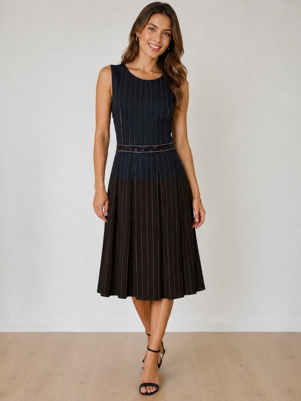 Sophie Theallet Wool Pinstripe Pleated Knee Length Dress Blue Sleeveless Size 6